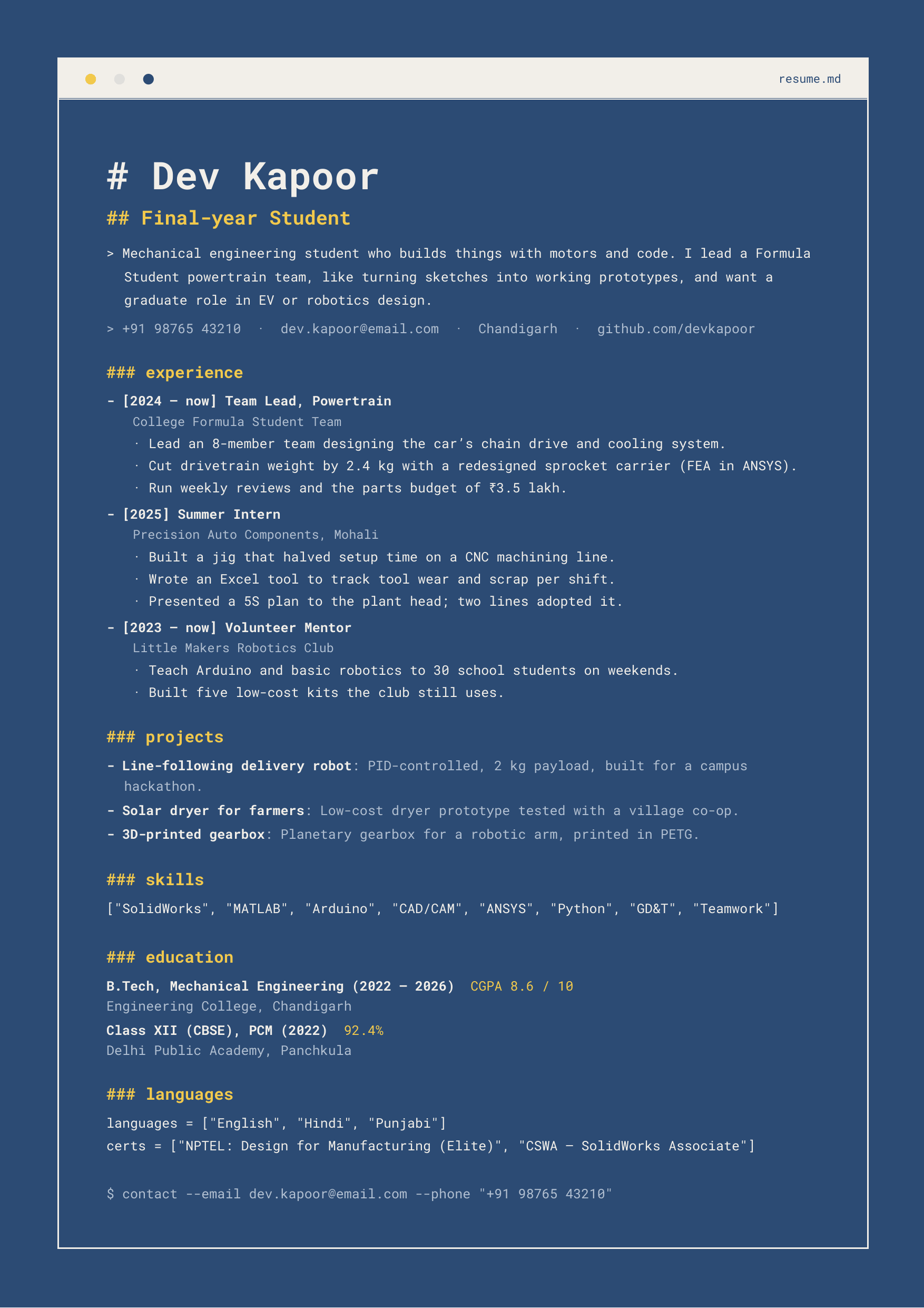 Dev Kapoor — Final-year Student — page preview