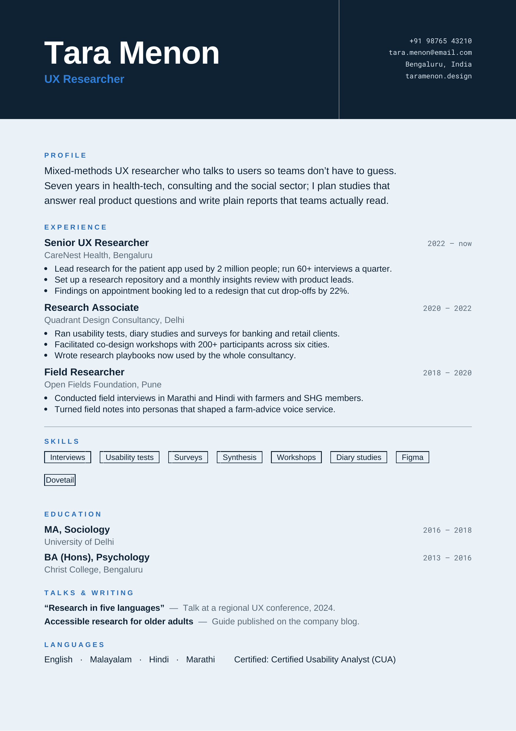 Tara Menon — UX Researcher — page preview