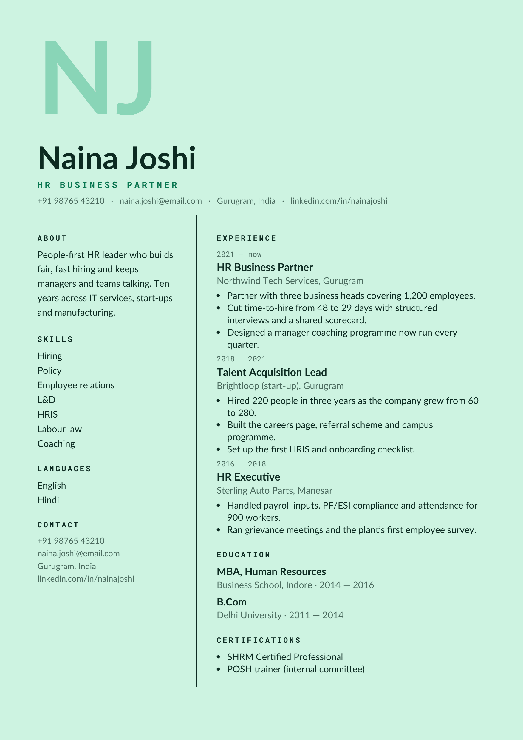 Naina Joshi — HR Business Partner — page preview