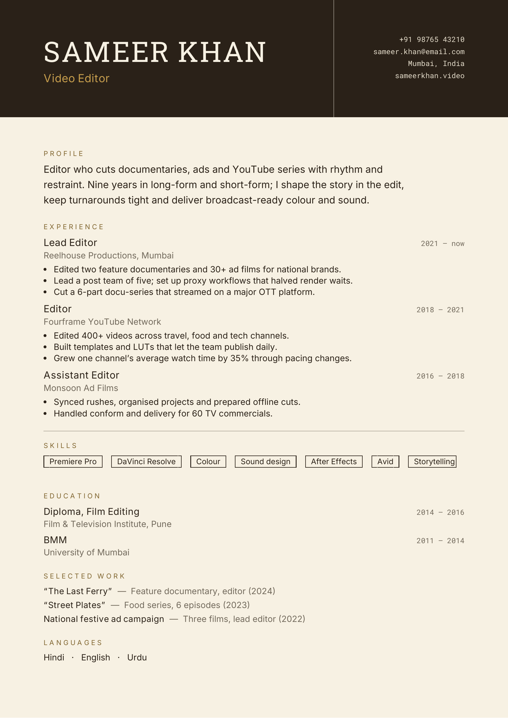 Sameer Khan — Video Editor — page preview