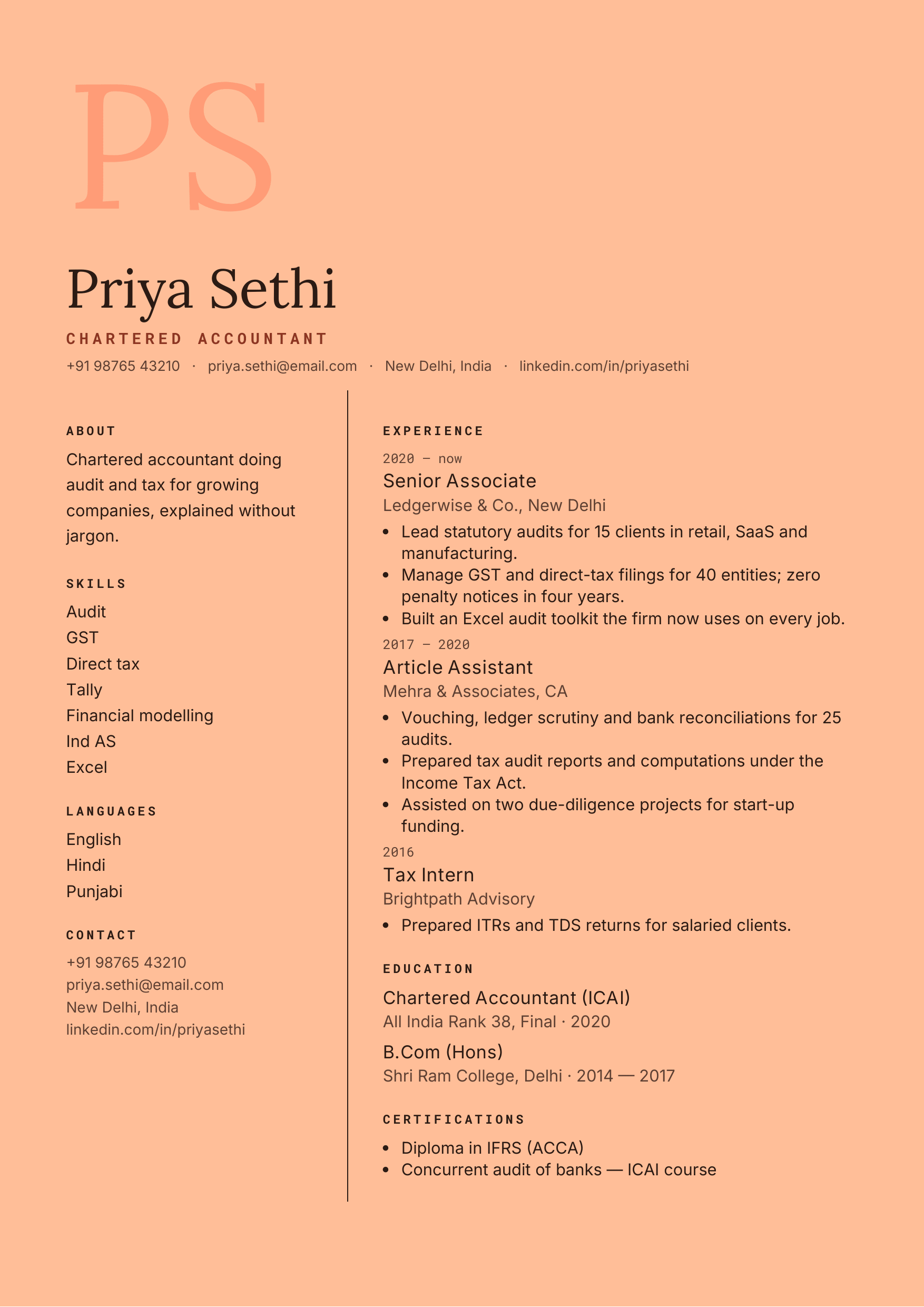 Priya Sethi — Chartered Accountant — page preview