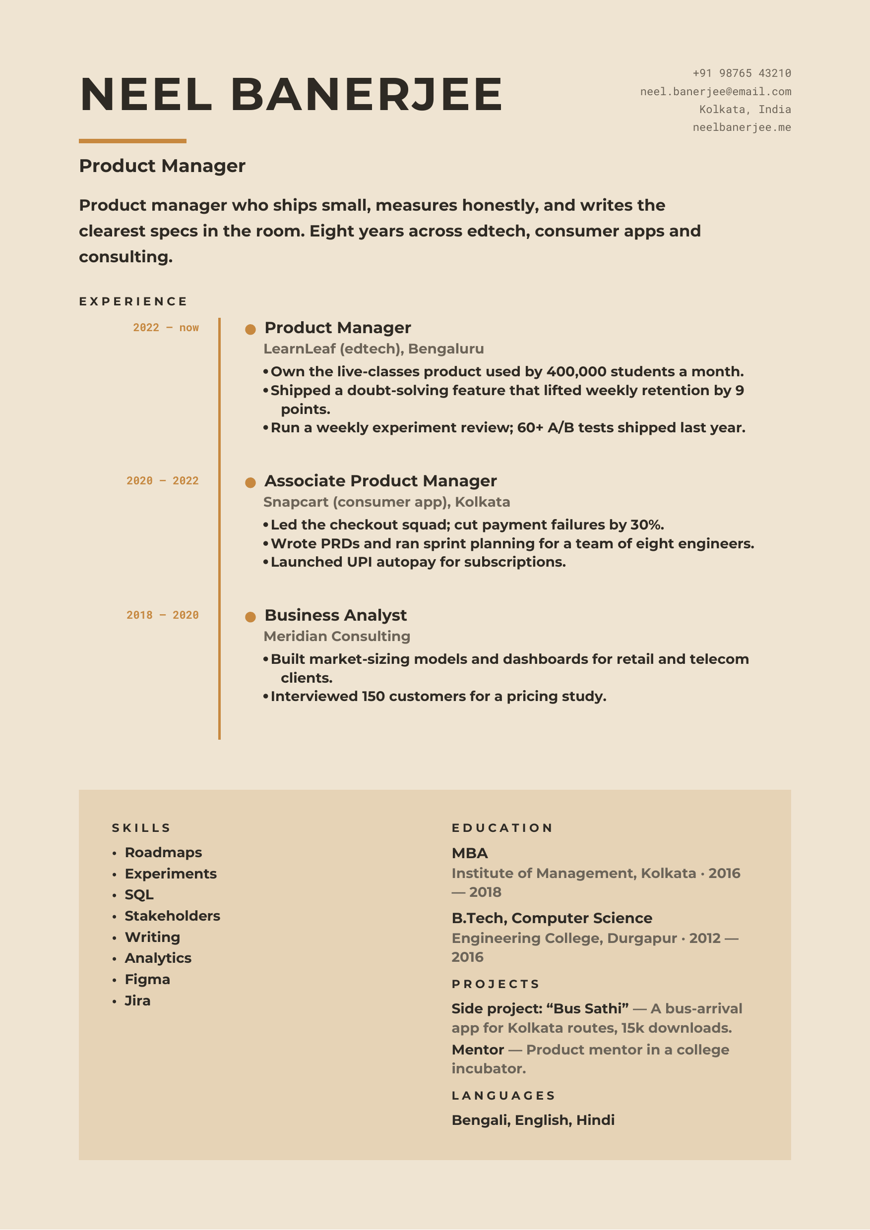 Neel Banerjee — Product Manager — page preview