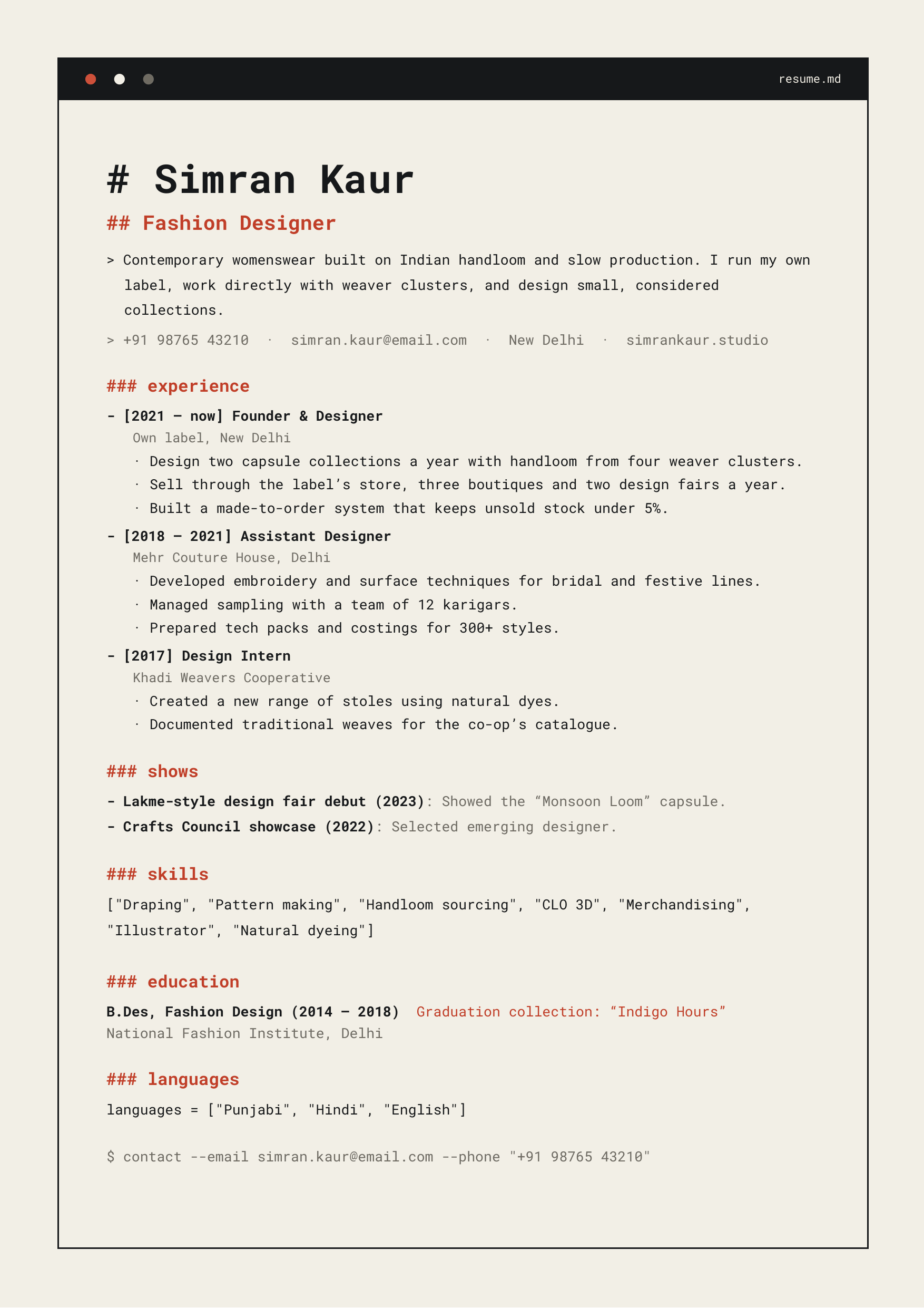 Simran Kaur — Fashion Designer — page preview