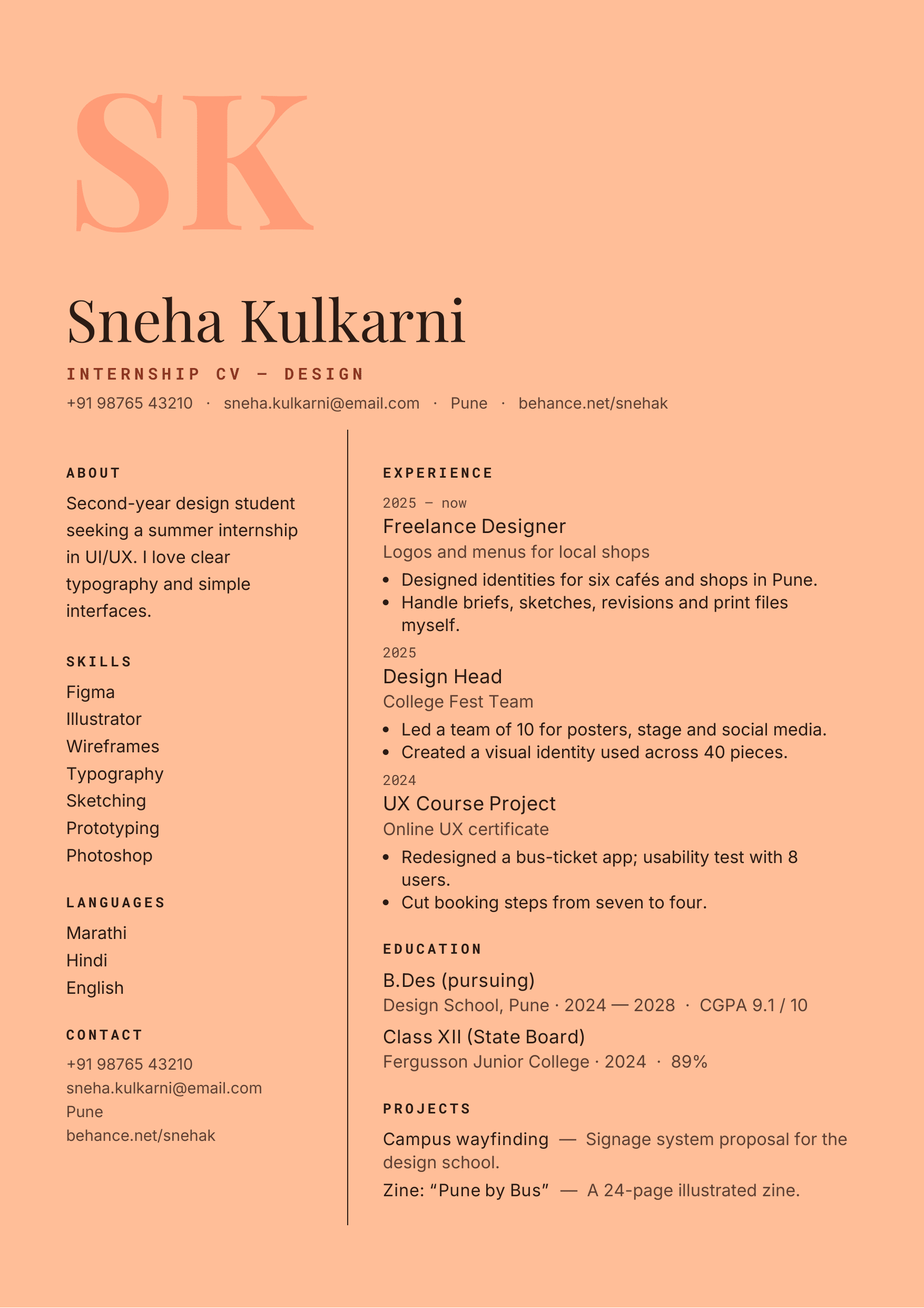 Sneha Kulkarni — Internship CV — Design — page preview