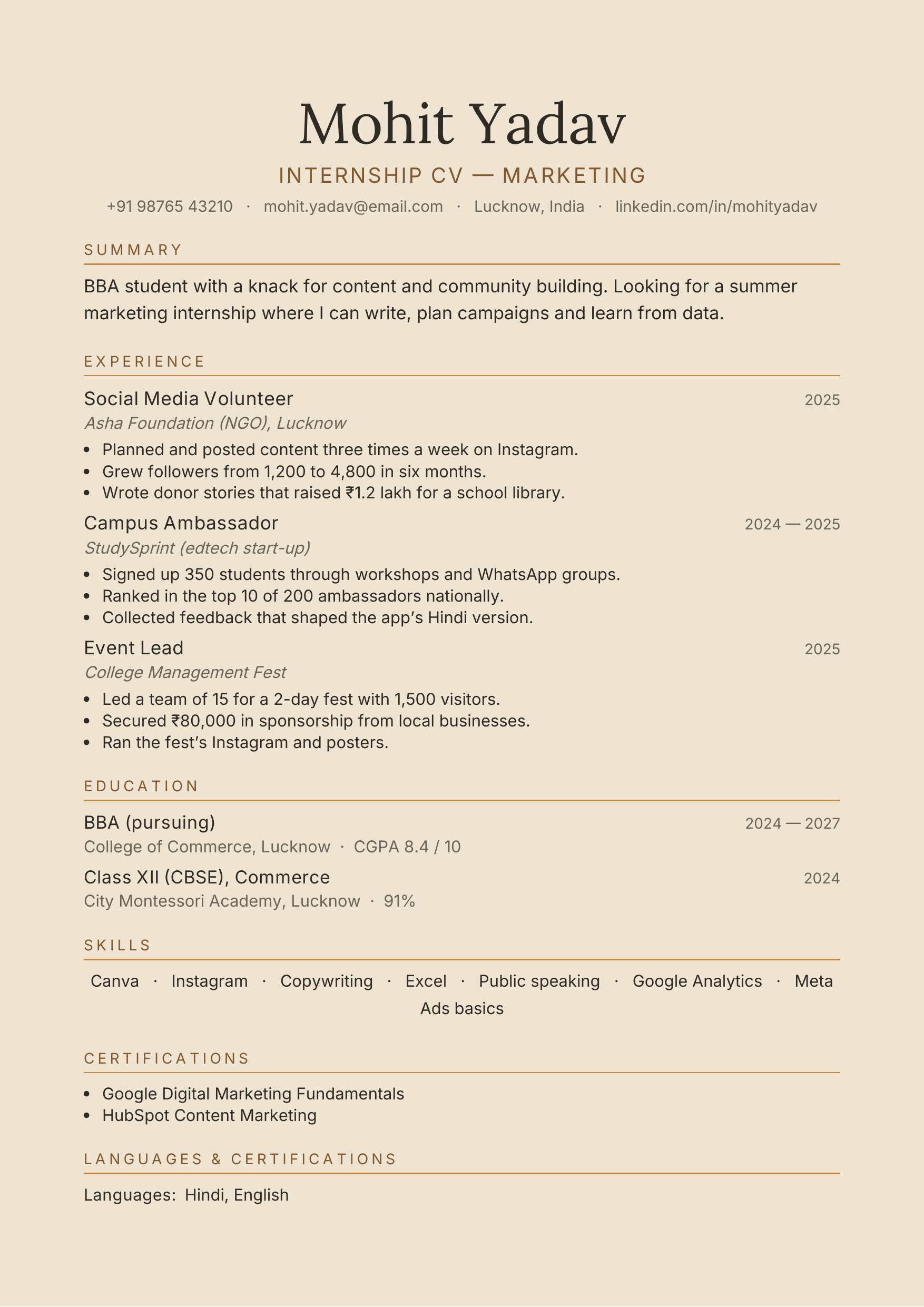 Mohit Yadav — Internship CV — Marketing — page preview