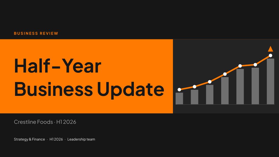 Half-Year Business Update (Charcoal Orange) — cover slide