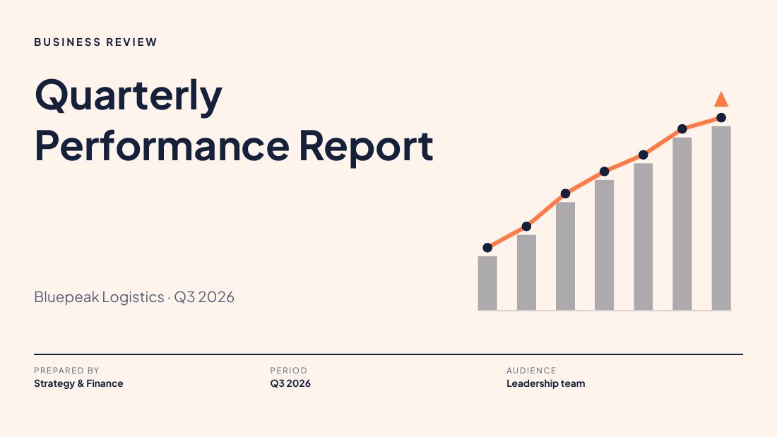 Quarterly Performance Report (Peach Navy) — cover slide