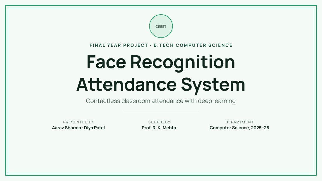 Face Recognition Attendance System (Fresh Mint) — cover slide