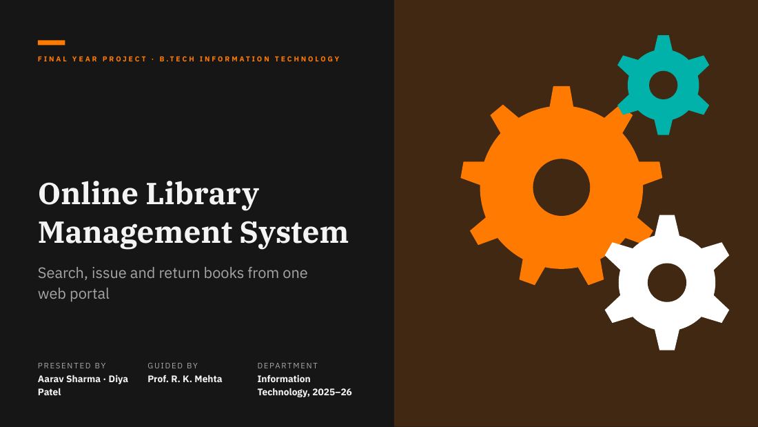 Online Library Management System (Charcoal Orange) — cover slide