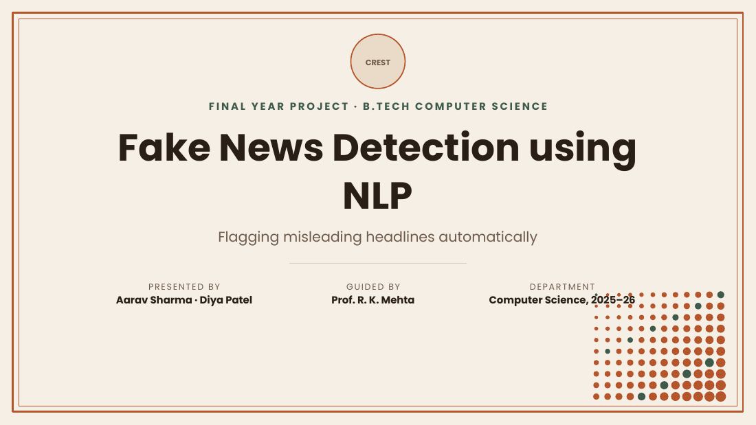 Fake News Detection using NLP — cover slide