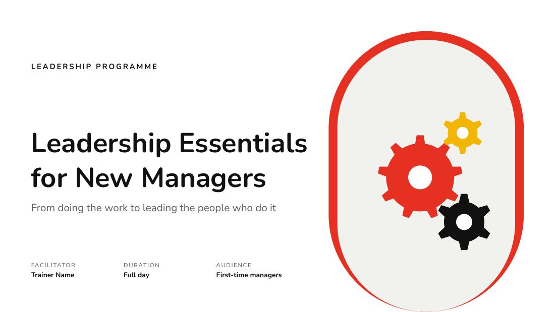Leadership Essentials for New Managers (Swiss Red) — cover slide