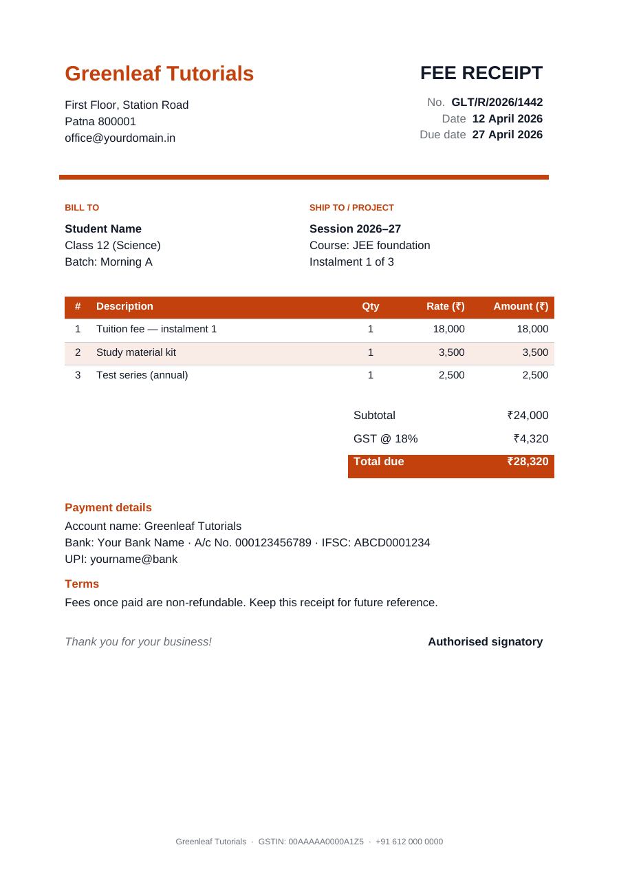Fee receipt — Greenleaf Tutorials — page 1