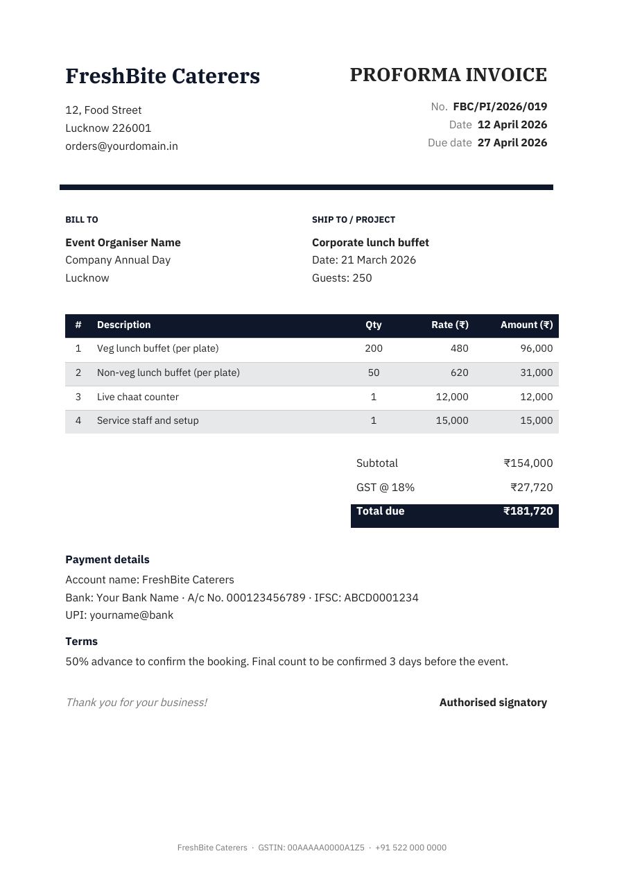 Proforma invoice — FreshBite Caterers — page 1