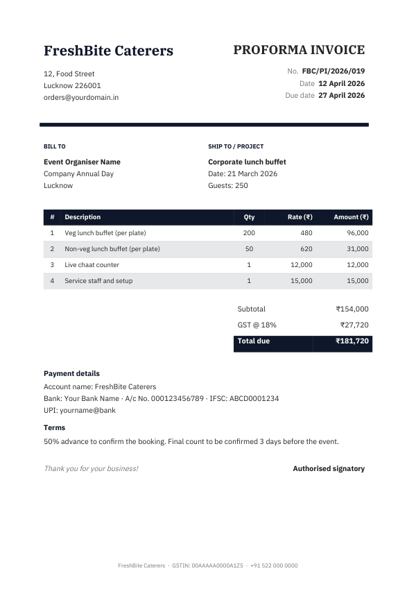 Proforma invoice — FreshBite Caterers — preview