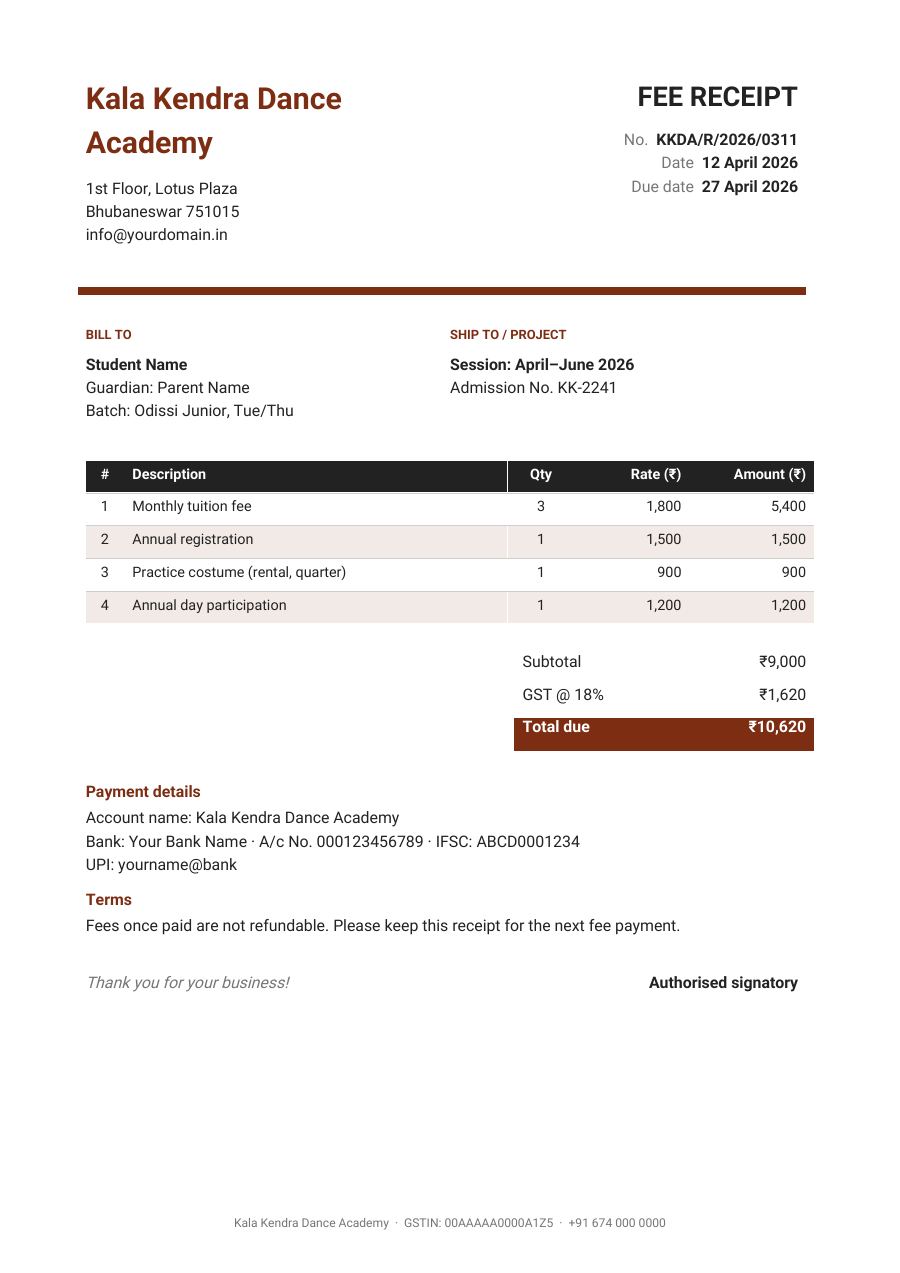 Fee receipt — Kala Kendra Dance Academy — page 1