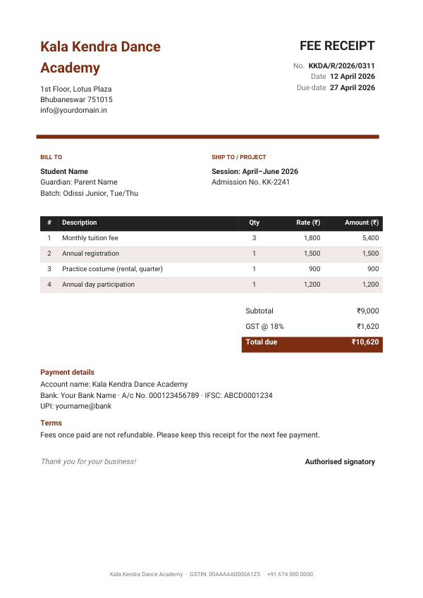 Fee receipt — Kala Kendra Dance Academy — preview