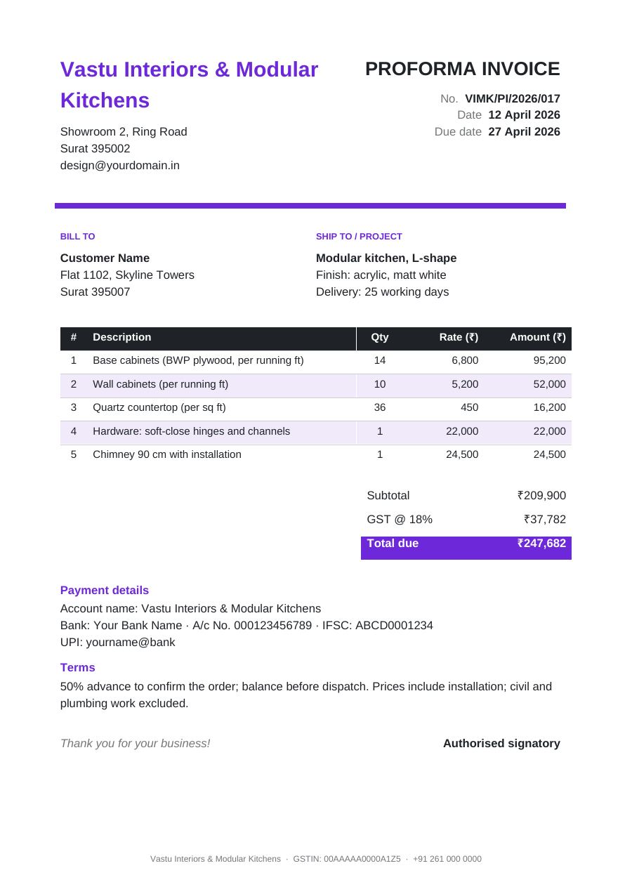 Proforma invoice — Vastu Interiors & Modular Kitchens — page 1