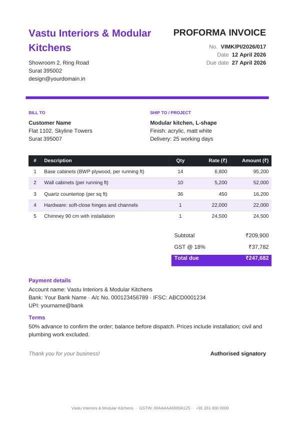 Proforma invoice — Vastu Interiors & Modular Kitchens — preview