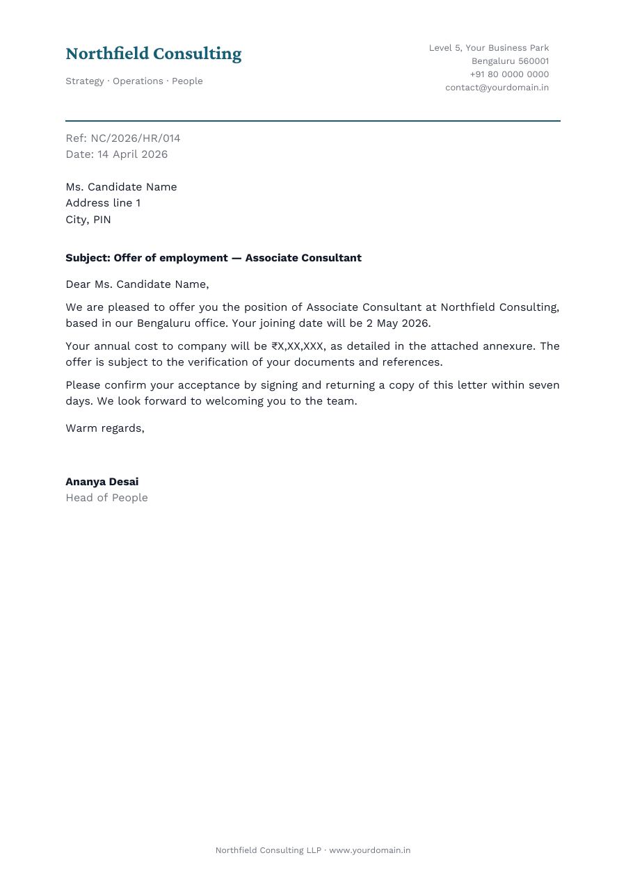 Offer Letter on Letterhead — page 1