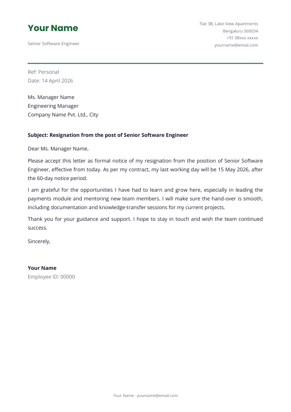 Resignation from the post of Senior Software Engineer — preview