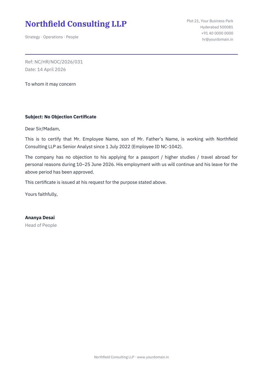 No Objection Certificate — page 1