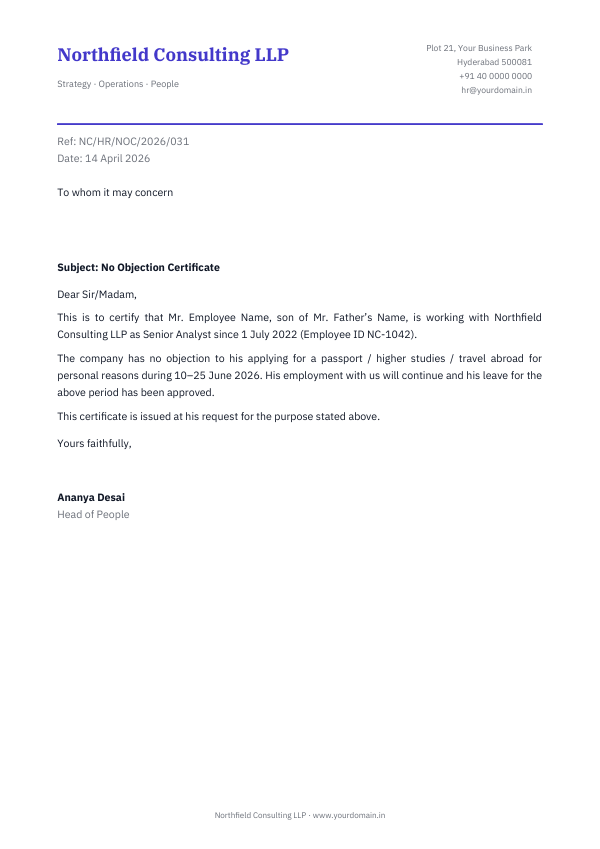 No Objection Certificate — preview