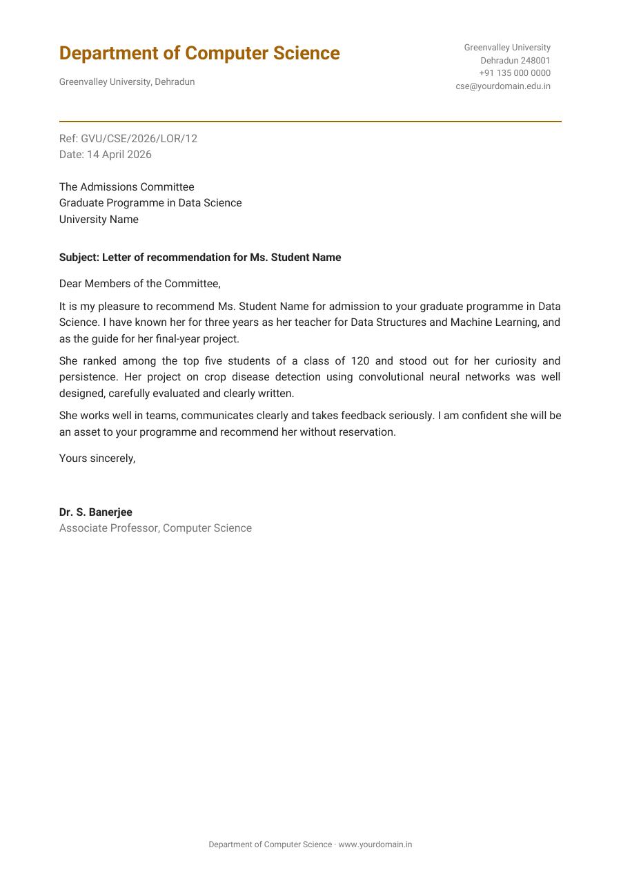 Letter of recommendation for Ms. Student Name — page 1