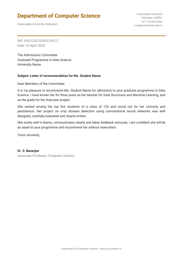 Letter of recommendation for Ms. Student Name — preview