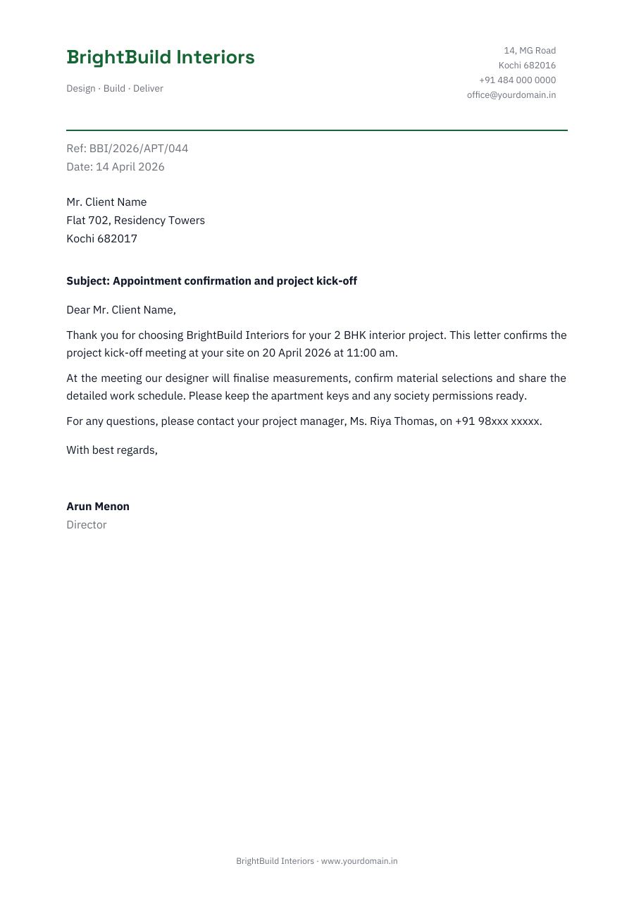 Appointment confirmation and project kick-off — page 1