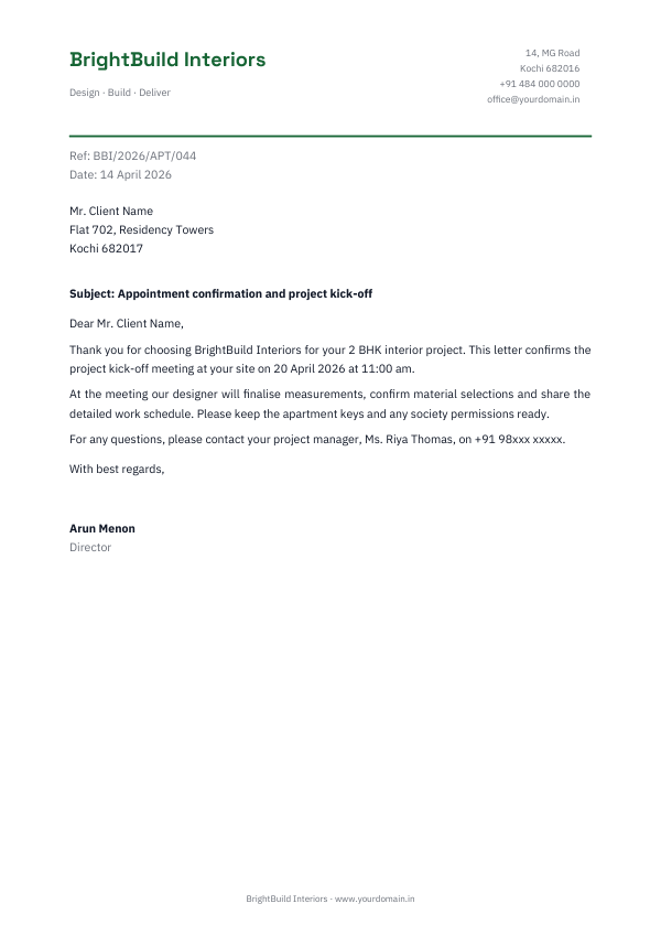 Appointment confirmation and project kick-off — preview