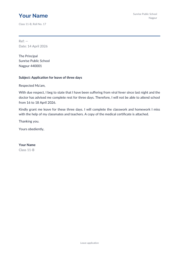 Application for leave of three days — preview