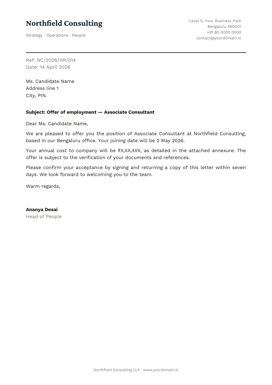 Offer of employment — Associate Consultant — page 1