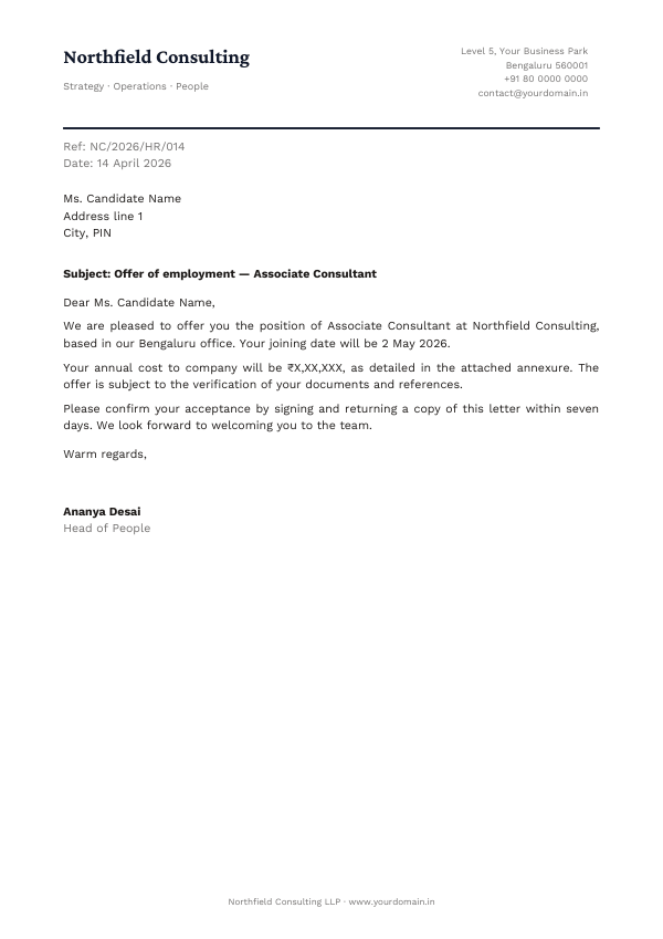 Offer of employment — Associate Consultant — preview