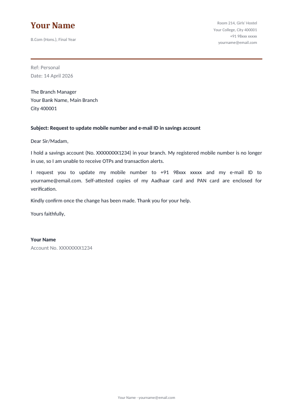 Request to update mobile number and e-mail ID in savings account — preview
