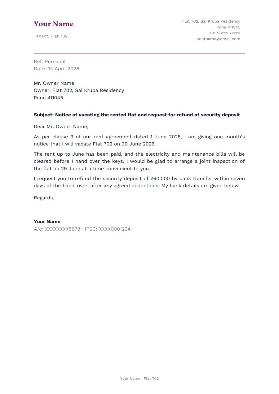 Notice of vacating the rented flat and request for refund of security deposit — page 1