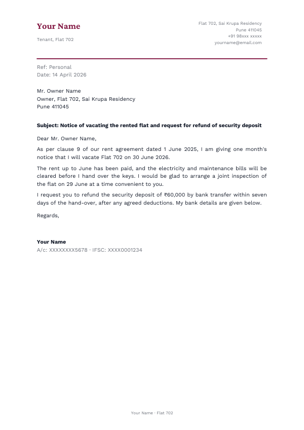 Notice of vacating the rented flat and request for refund of security deposit — preview