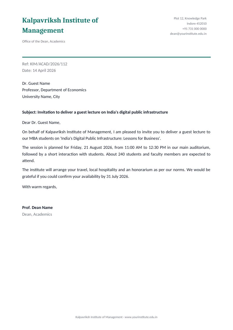 Invitation to deliver a guest lecture on India's digital public infrastructure — page 1