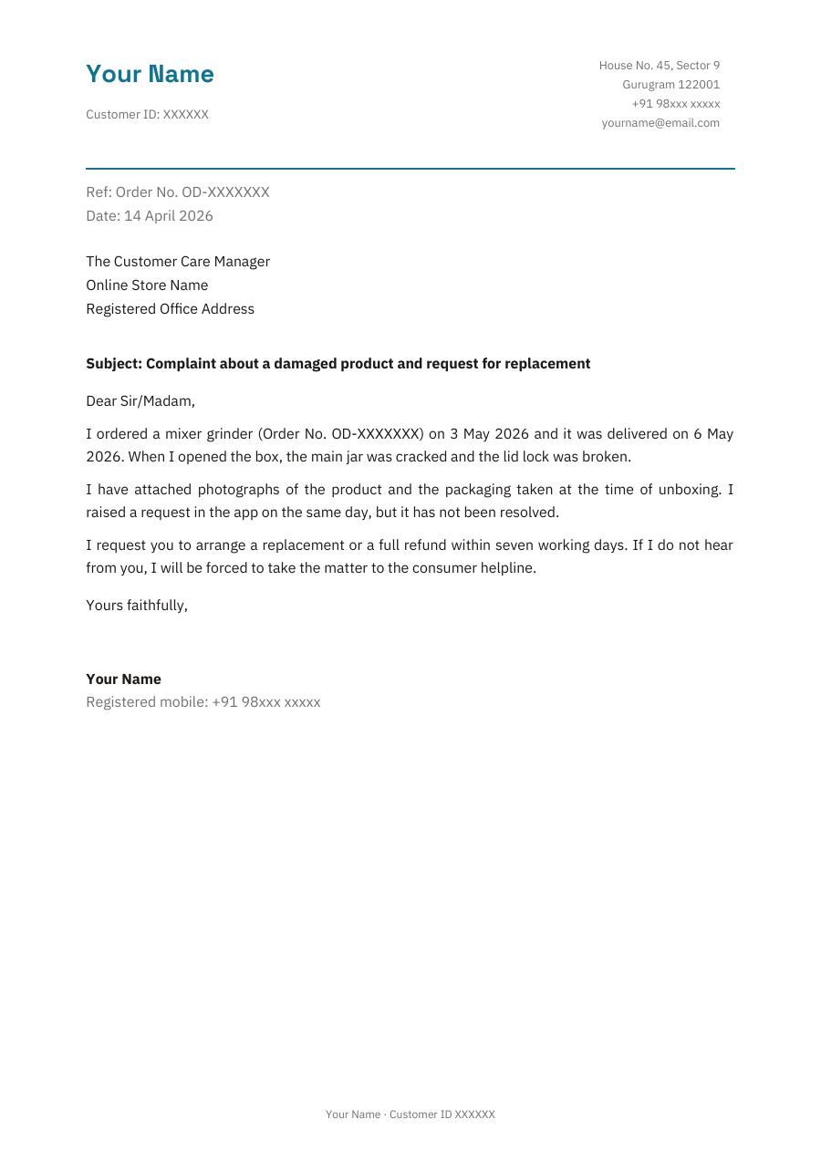 Complaint about a damaged product and request for replacement — page 1
