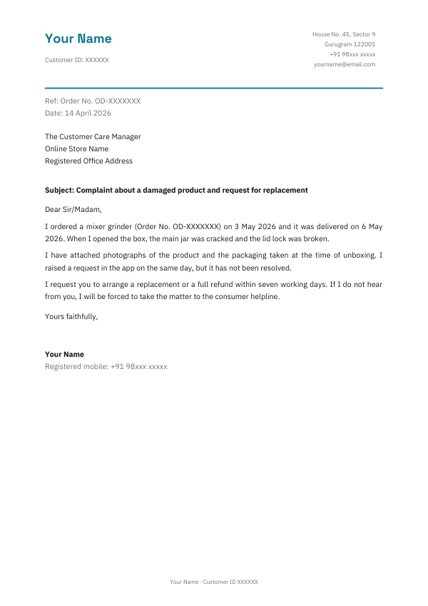 Complaint about a damaged product and request for replacement — preview