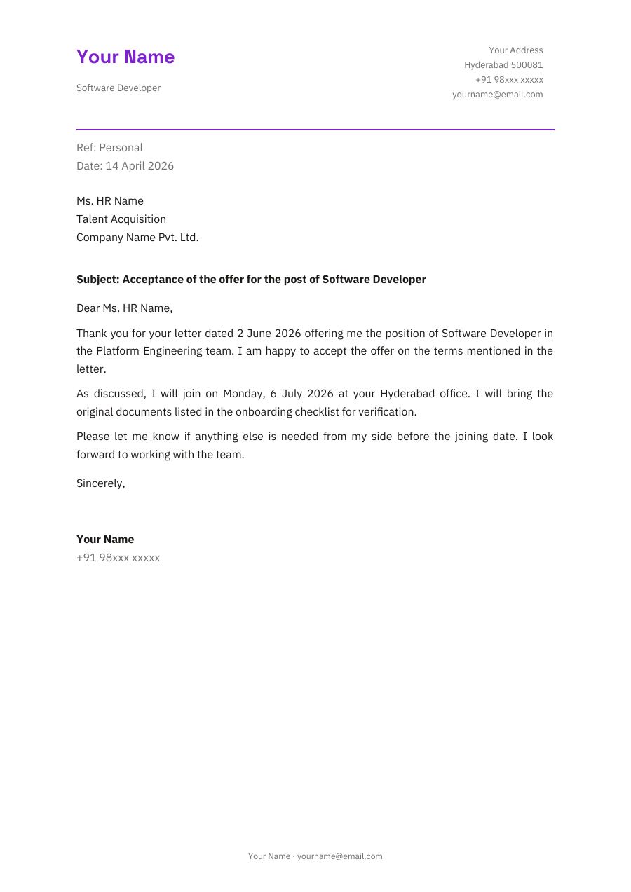 Acceptance of the offer for the post of Software Developer — page 1