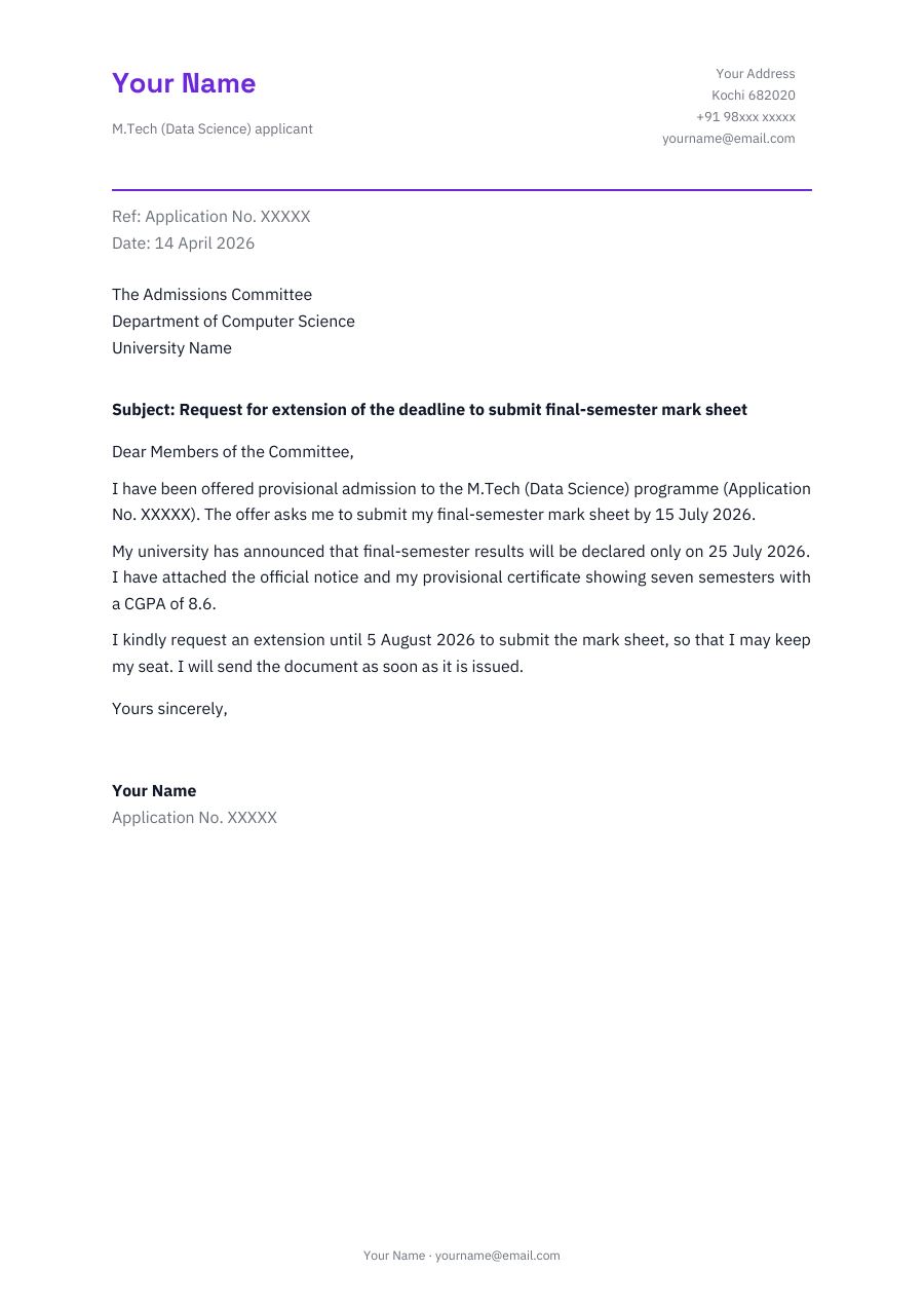 Request for extension of the deadline to submit final-semester mark sheet — page 1