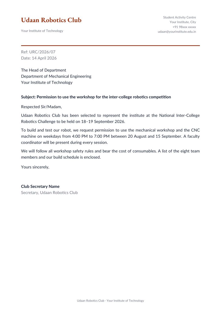Permission to use the workshop for the inter-college robotics competition — page 1