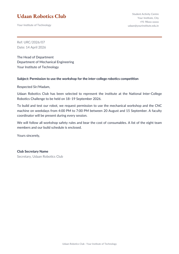 Permission to use the workshop for the inter-college robotics competition — preview