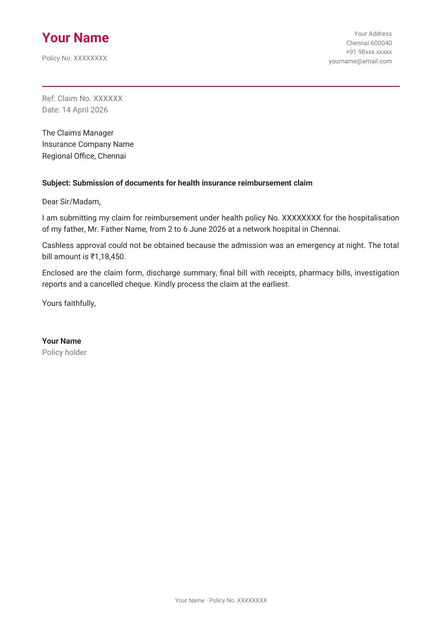 Submission of documents for health insurance reimbursement claim — page 1