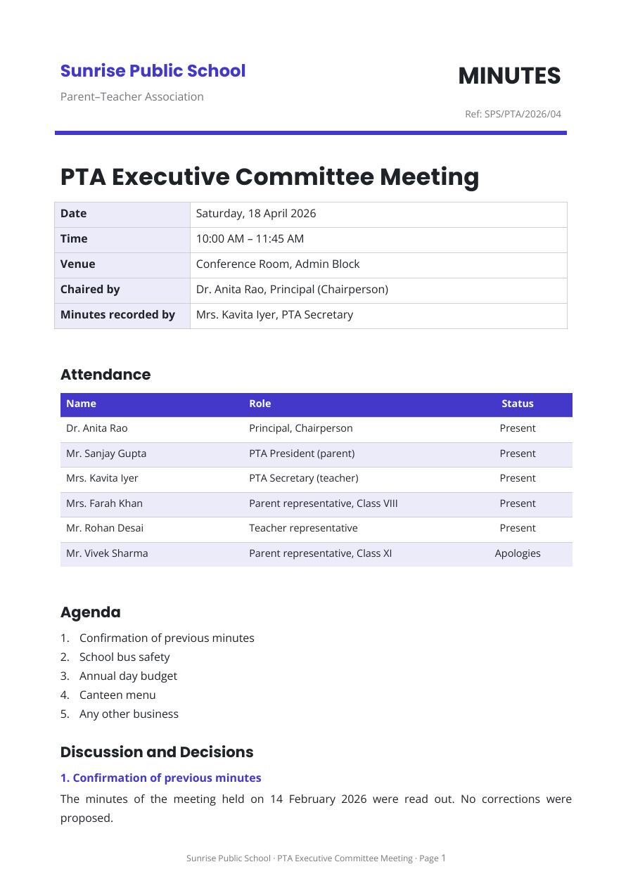 PTA Executive Committee Meeting — page 1