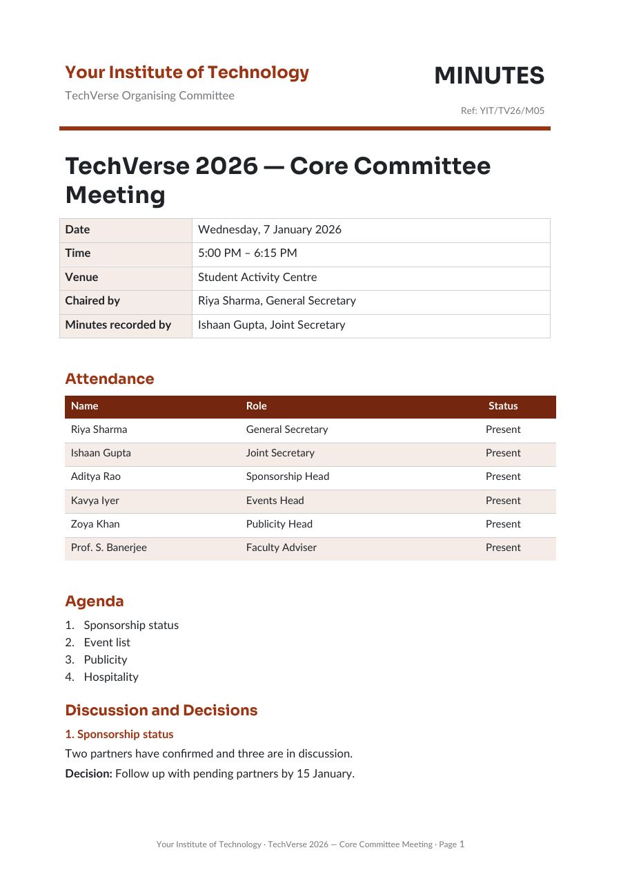 TechVerse 2026 — Core Committee Meeting — page 1