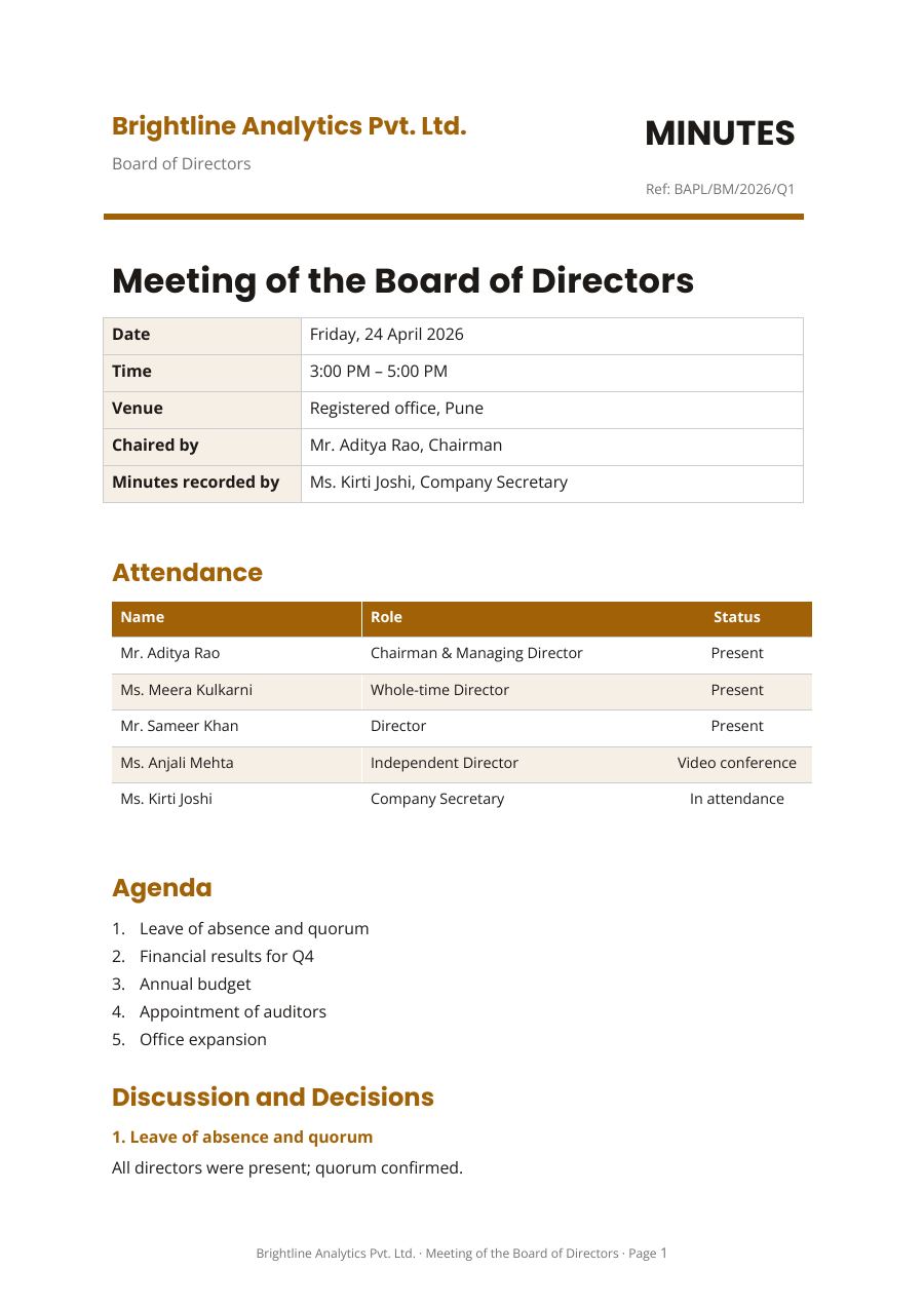 Meeting of the Board of Directors — page 1