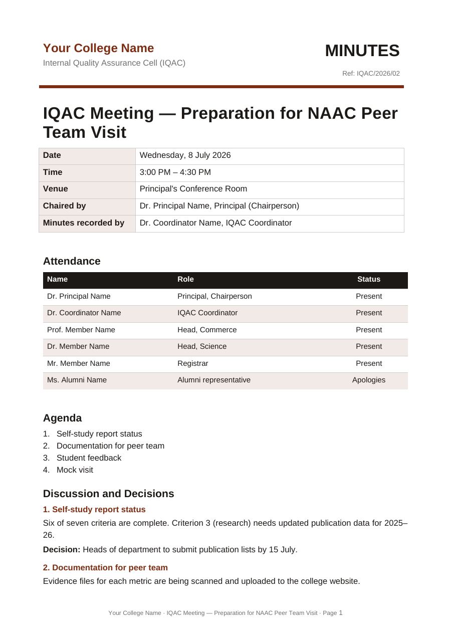 IQAC Meeting — Preparation for NAAC Peer Team Visit — page 1