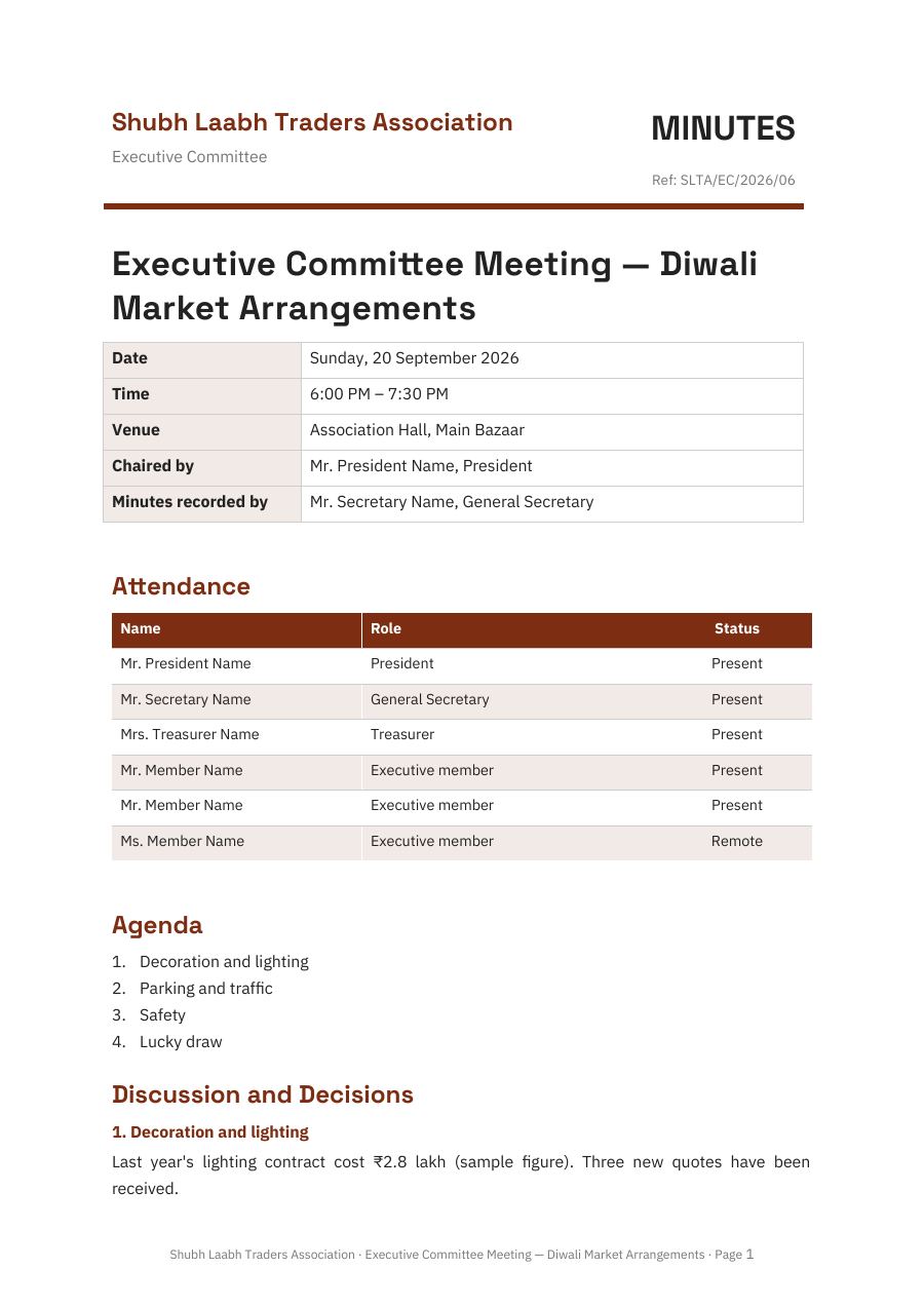 Executive Committee Meeting — Diwali Market Arrangements — page 1