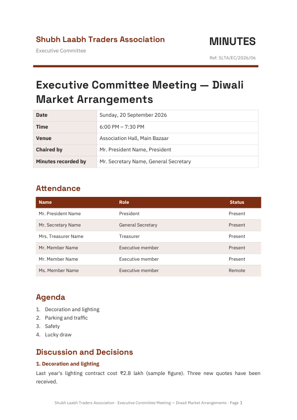 Executive Committee Meeting — Diwali Market Arrangements — preview